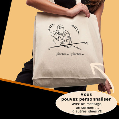Graphisme ping-pong tennis de table Sac tote bag beige. A personnaliser avec un texte. Création Virginie Linard ©.