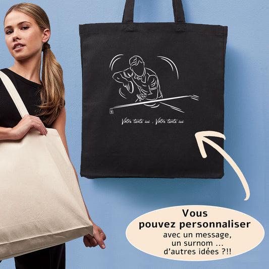 Graphisme ping-pong tennis de table Sac tote bag noir. A personnaliser avec un texte. Création Virginie Linard ©.