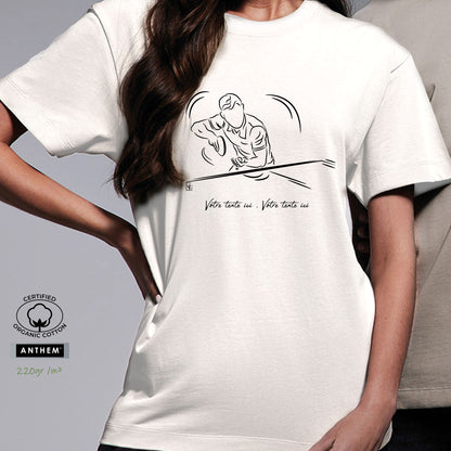 Graphisme ping-pong tennis de table T-shirt 220g bio blanc unisexe. A personnaliser avec un texte. Création Virginie Linard ©.
