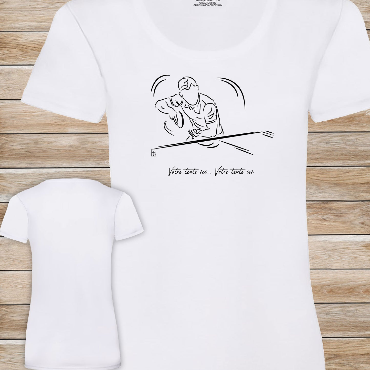 Graphisme ping-pong tennis de table T-shirt blanc femme. A personnaliser avec un texte. Création Virginie Linard ©.