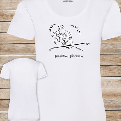 Graphisme ping-pong tennis de table T-shirt blanc femme. A personnaliser avec un texte. Création Virginie Linard ©.