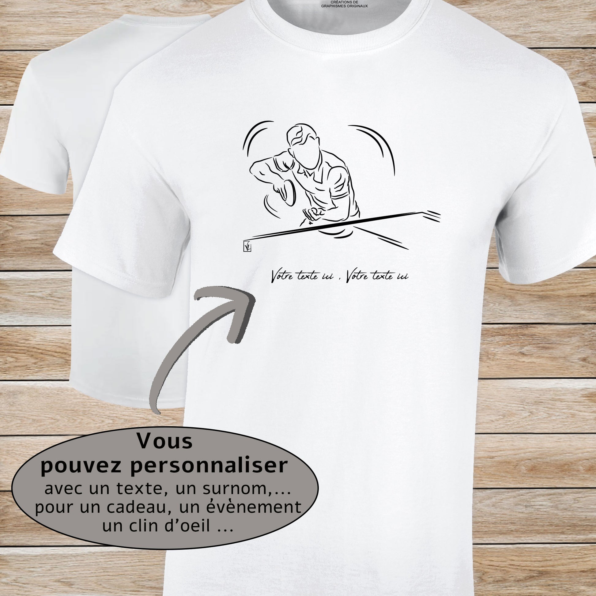 Graphisme ping-pong tennis de table T-shirt blanc homme. A personnaliser avec un texte. Création Virginie Linard ©.