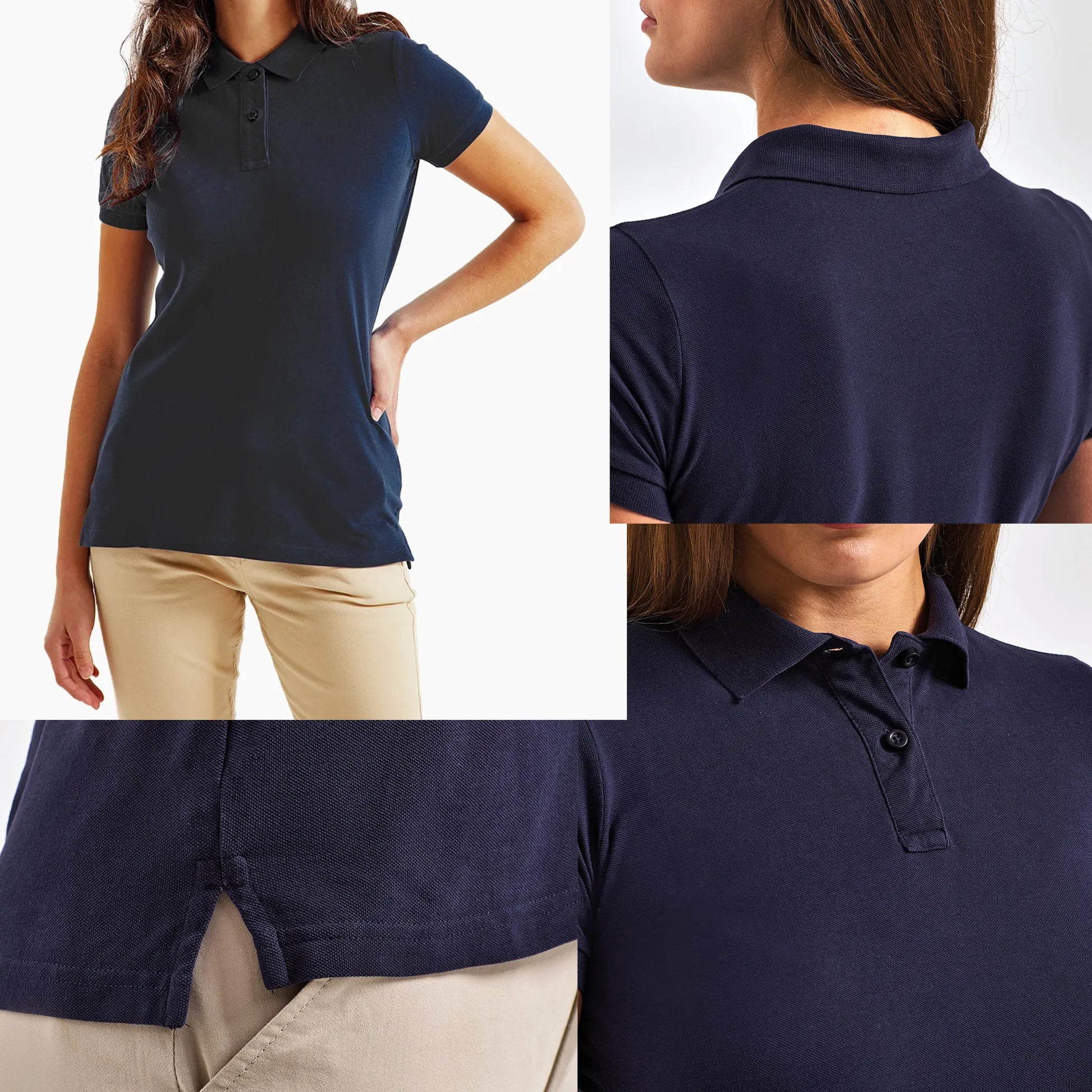 Polo Tir Sportif femme bleu personnalisé (texte/prénom). Idée cadeau tireuse Carabinier Pistolier, dessin "Fixe" au dos.