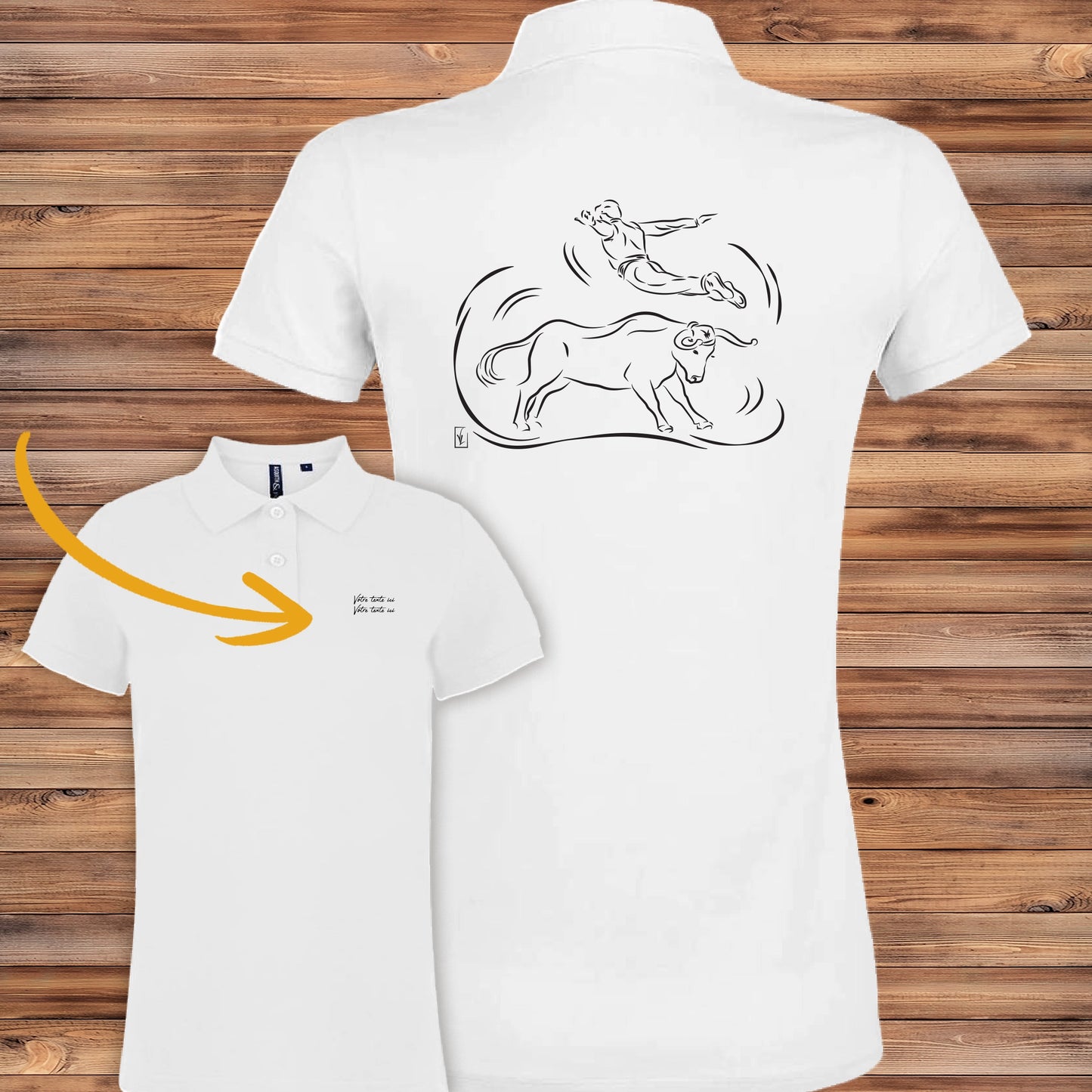 Polo femme blanc Course Landaise, personnalisable avec texte. Cadeau idéal, dessin L'Envol du Sauteur.