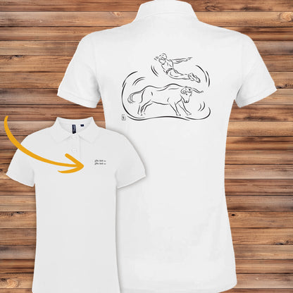 Polo femme blanc Course Landaise, personnalisable avec texte. Cadeau idéal, dessin L'Envol du Sauteur.