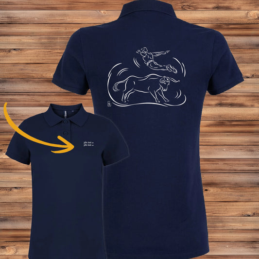 Polo femme bleu marine personnalisé avec texte. Idée cadeau Course Landaise, design exclusif.