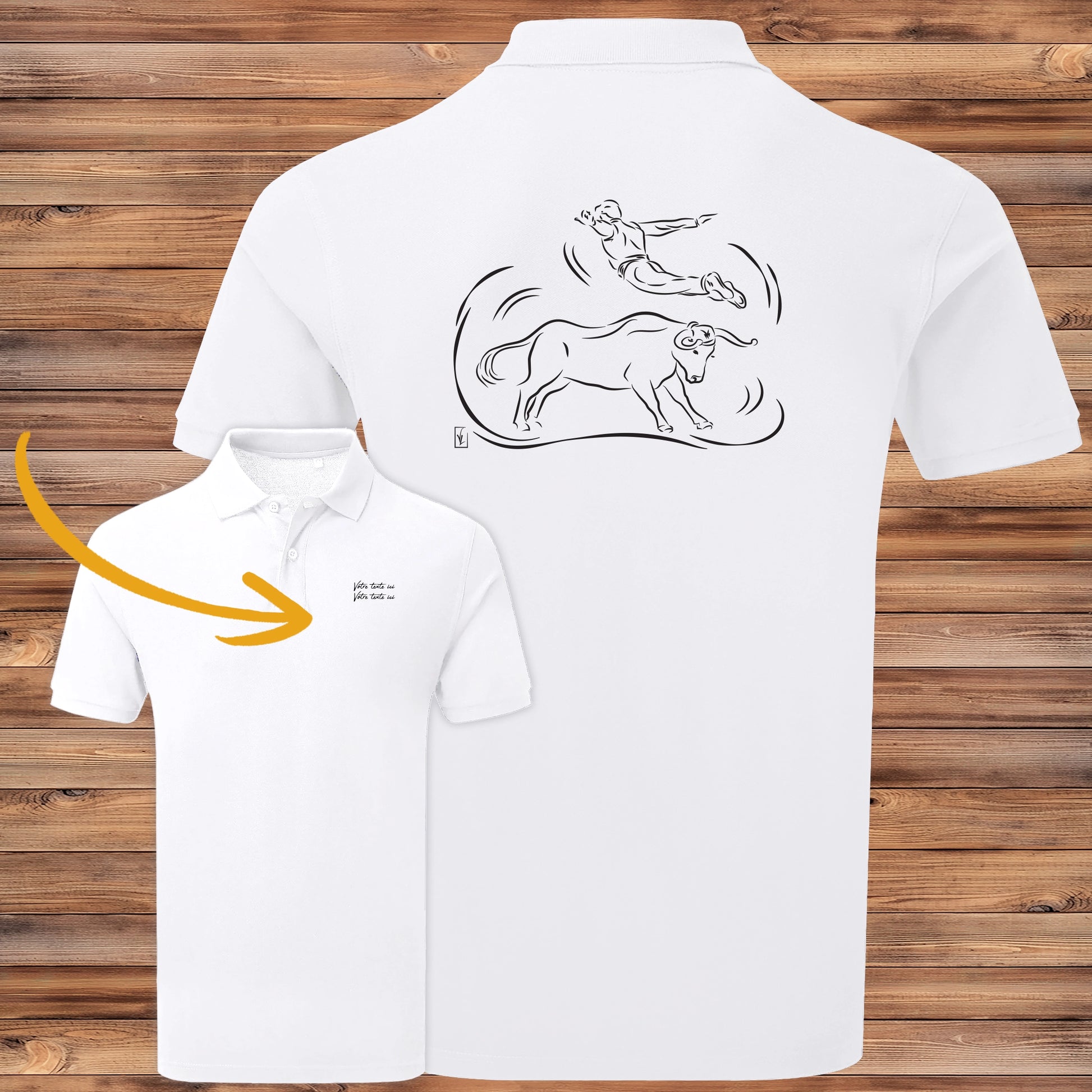 Polo homme blanc personnalisé avec texte, cadeau idéal Course Landaise design L'Envol.