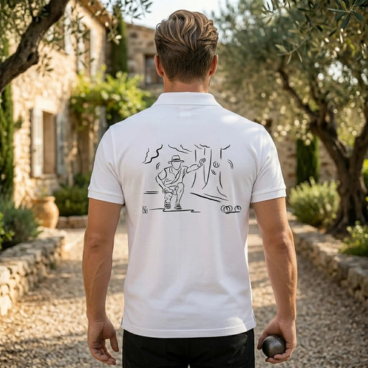 Polo pétanque homme blanc personnalisé (texte/prénom/club). Idée cadeau pétanqueur, modèle "Provence" au dos.
