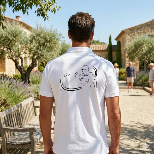 Polo pétanque homme blanc personnalisé (texte/prénom/club). Idée cadeau pétanqueur, dessin "Tournoi" au dos. Création Virginie Linard©