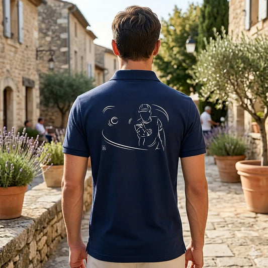 Polo pétanque homme bleu navy personnalisé (texte/prénom/club). Idée cadeau pétanqueur, dessin "Carreau" au dos.