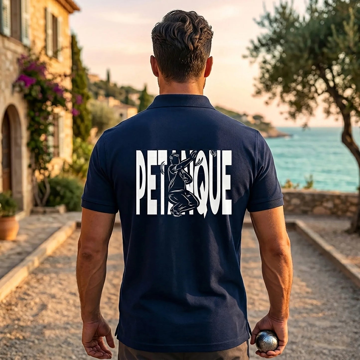 Polo pétanque homme bleu navy personnalisé (texte/prénom/club). Idée cadeau pétanqueur, dessin "Equipe" au dos.