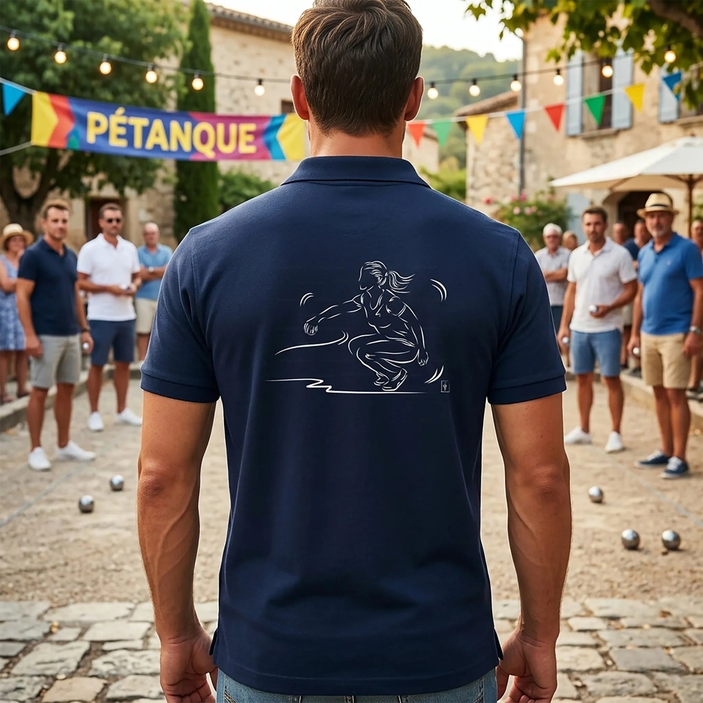 Polo pétanque homme bleu navy personnalisé (texte/prénom/club). Idée cadeau pétanqueur, dessin "Féminin" au dos.