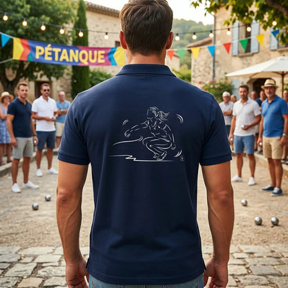 Polo pétanque homme bleu navy personnalisé (texte/prénom/club). Idée cadeau pétanqueur, dessin "Féminin" au dos.