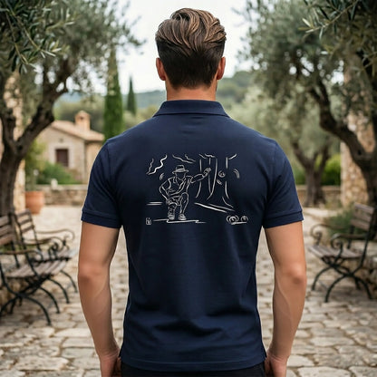 Polo pétanque homme bleu navy personnalisé (texte/prénom/club). Idée cadeau pétanqueur, modèle "Provence" au dos.