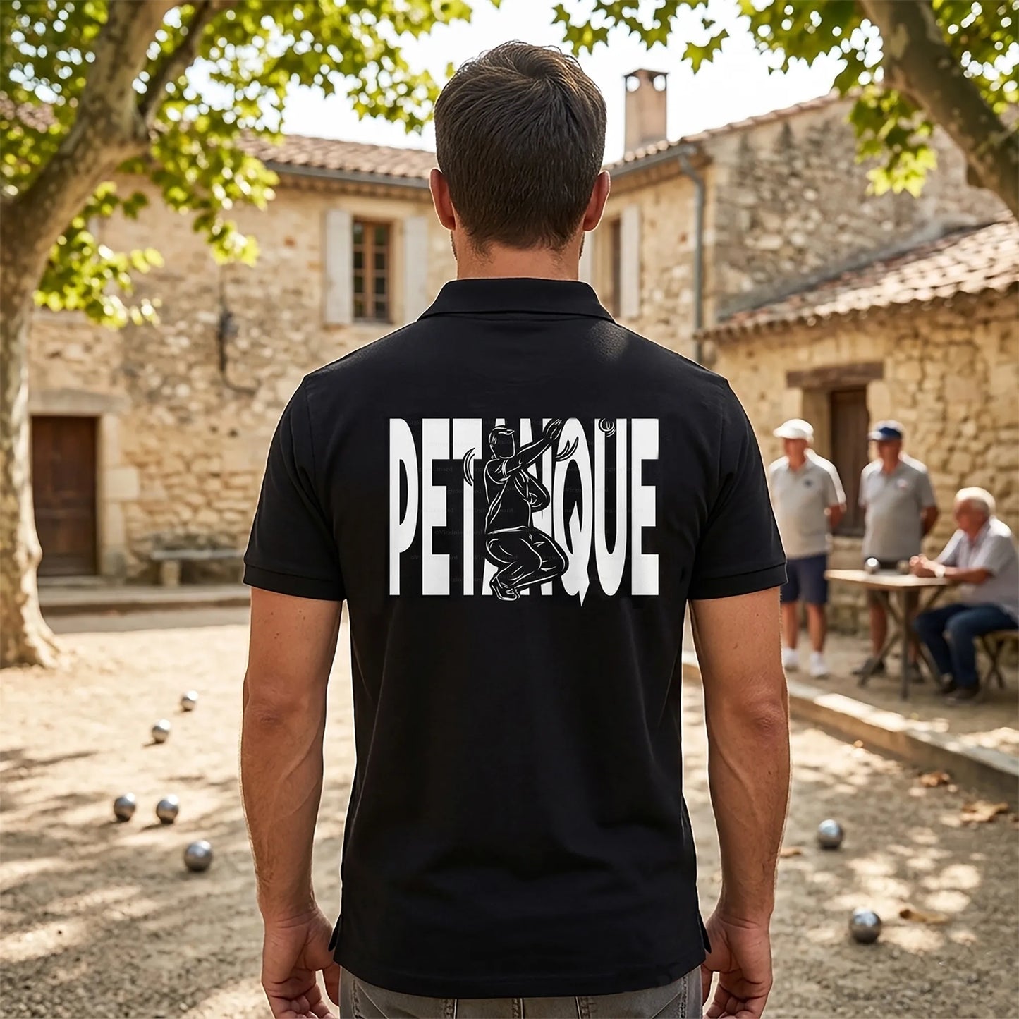 Polo pétanque homme noir personnalisé (texte/prénom/club). Idée cadeau pétanqueur, dessin "Equipe" au dos.