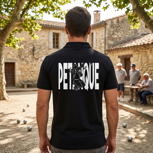 Polo pétanque homme noir personnalisé (texte/prénom/club). Idée cadeau pétanqueur, dessin "Equipe" au dos.