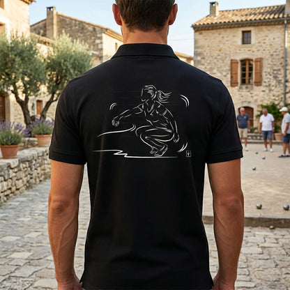 Polo pétanque homme noir personnalisé (texte/prénom/club). Idée cadeau pétanqueur, dessin "Féminin" au dos.
