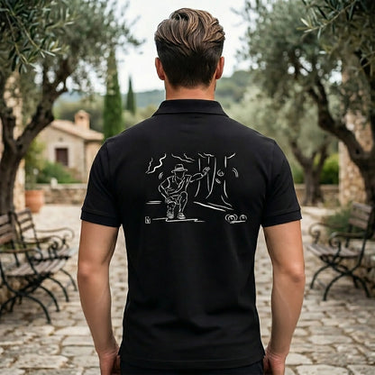 Polo pétanque homme noir personnalisé (texte/prénom/club). Idée cadeau pétanqueur, modèle "Provence" au dos.