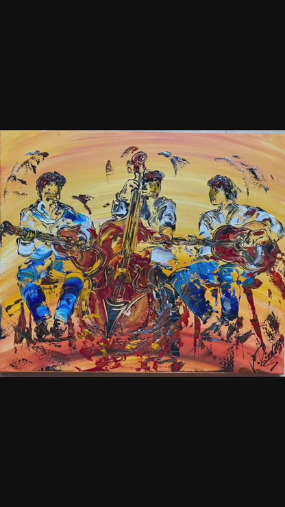 Musiciens Guitare Contrebasse Peinture sur toile 55x46cm