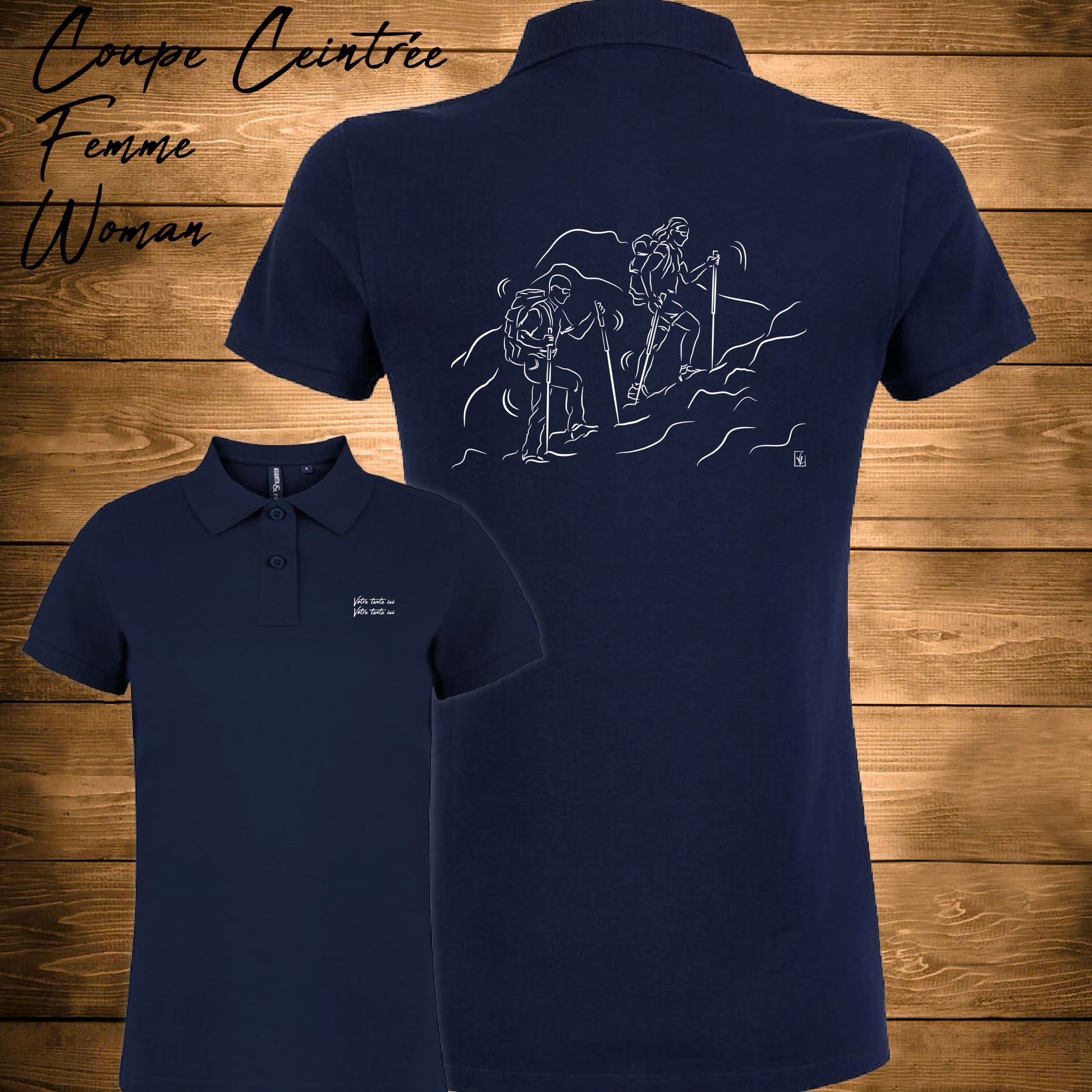 Graphisme randonnée trekking sur Polo bleu femme. A personnaliser avec un texte. Création Virginie Linard ©.