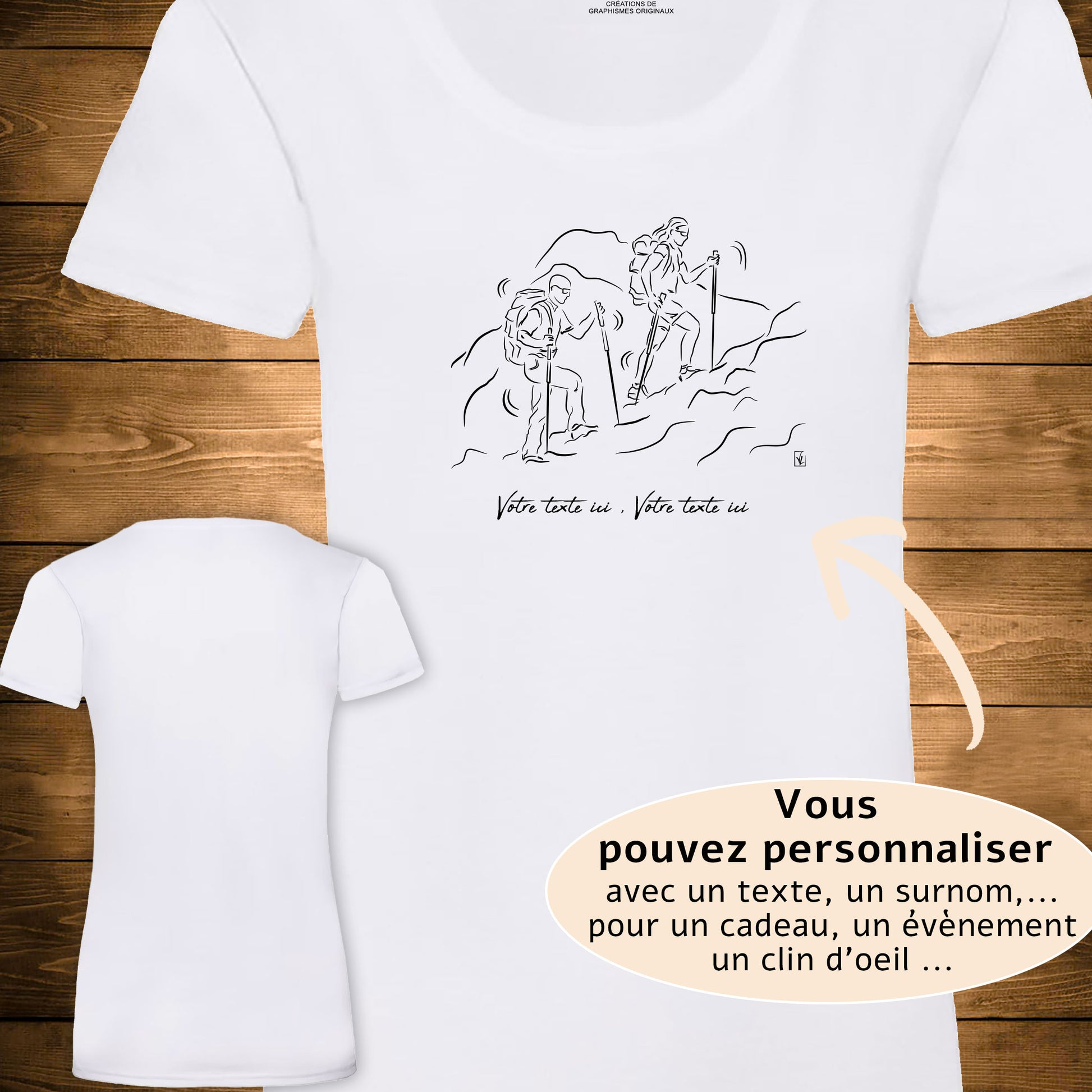 Graphisme randonnée trekking T-shirt blanc femme. A personnaliser avec un texte. Création Virginie Linard ©.