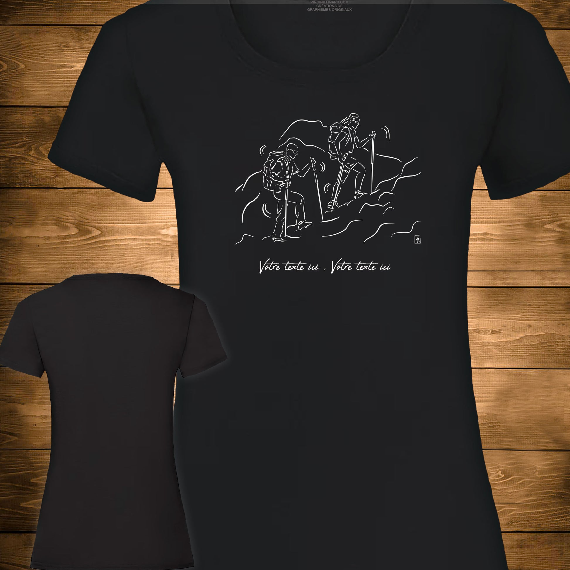 Graphisme randonnée trekking T-shirt noir femme. A personnaliser avec un texte. Création Virginie Linard ©.