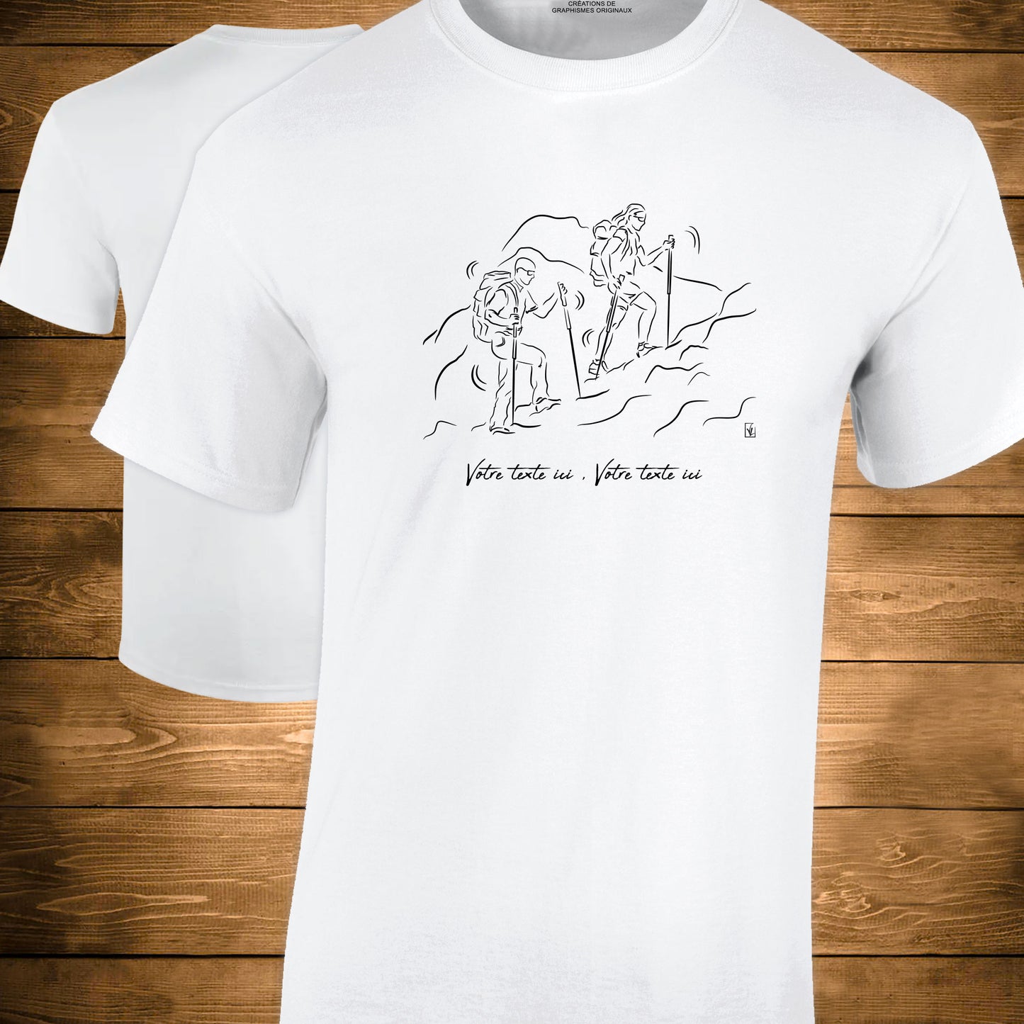 Graphisme randonnée trekking T-shirt blanc homme. A personnaliser avec un texte. Création Virginie Linard ©.