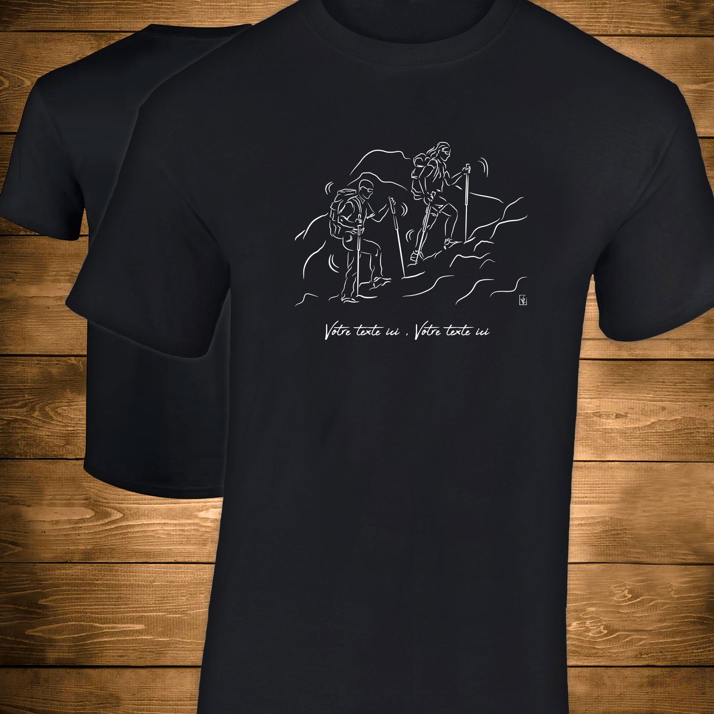 Graphisme randonnée trekking T-shirt noir homme. A personnaliser avec un texte. Création Virginie Linard ©.