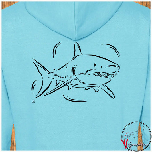 Sweat-shirt bleu avec graphisme d'un grand requin blanc 