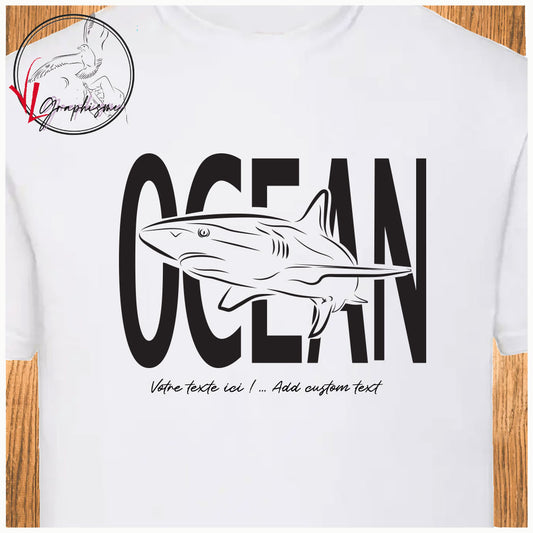 T-shirt blanc avec graphisme d'un grand requin texte océan