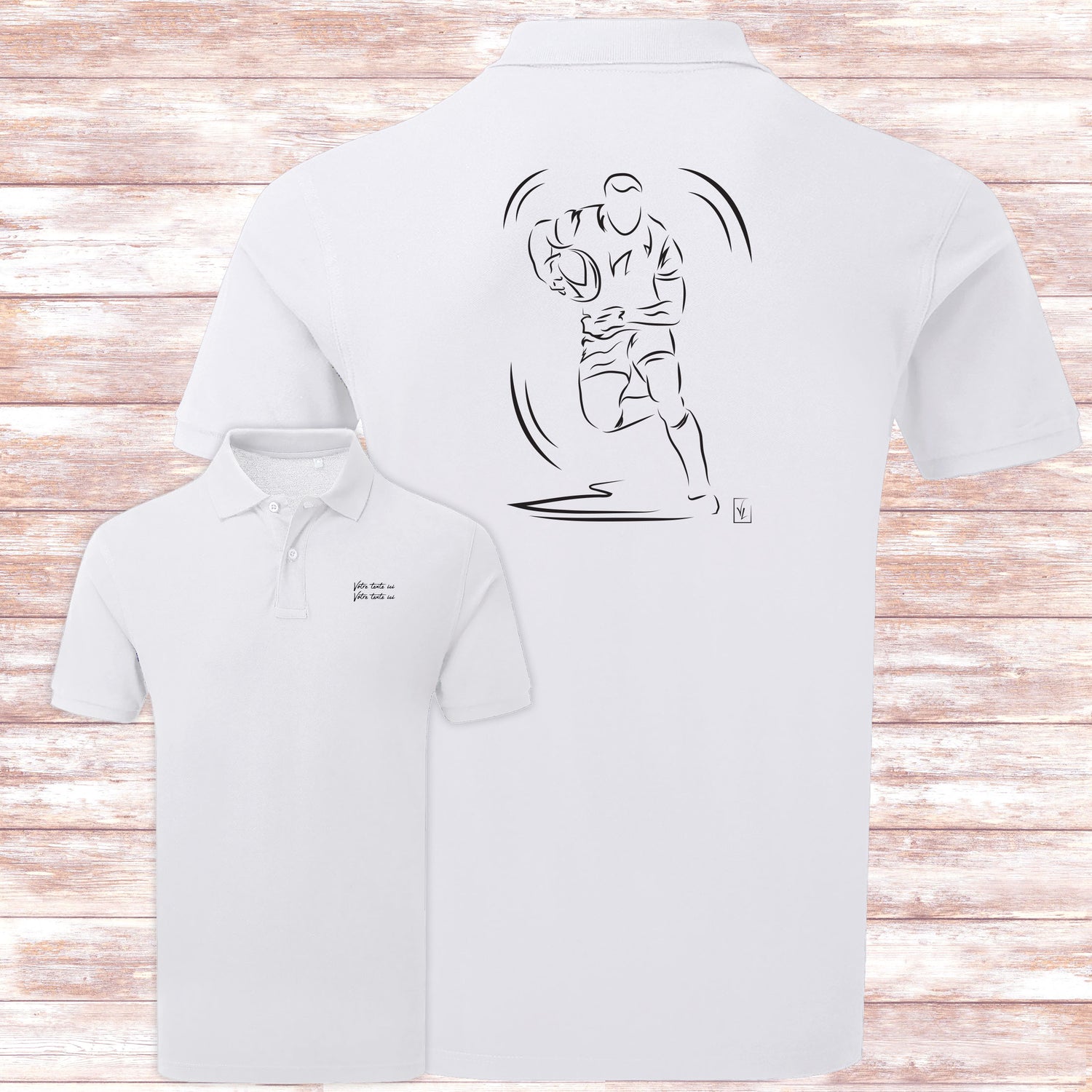 Graphisme Rugby rugbyman sur Polo blanc homme. A personnaliser avec du texte. Création Virginie Linard ©.