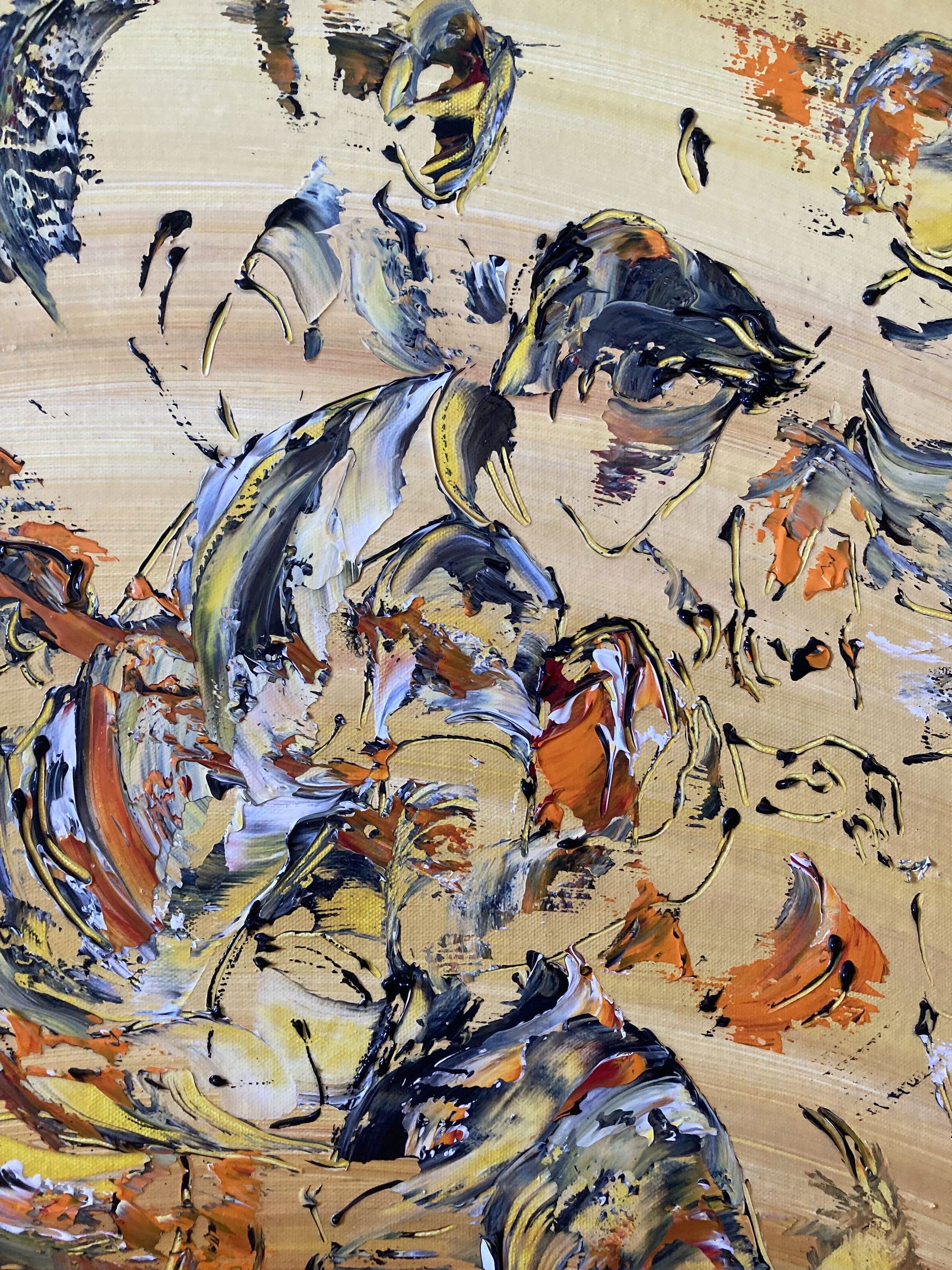 Tableau Scène de rugby, couleur beige marron orange, format 60x60 cm. Original unique. Détail1. Création peintre Virginie Linard ©.