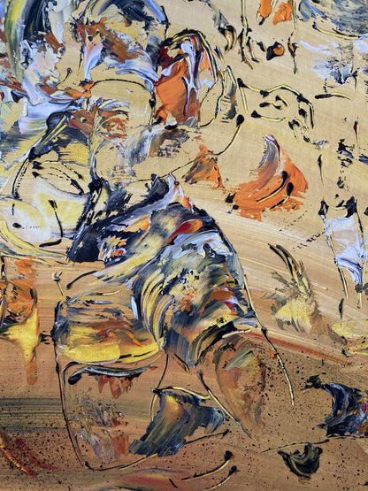 Tableau Scène de rugby, couleur beige marron orange, format 60x60 cm. Original unique. Détail2. Création peintre Virginie Linard ©.