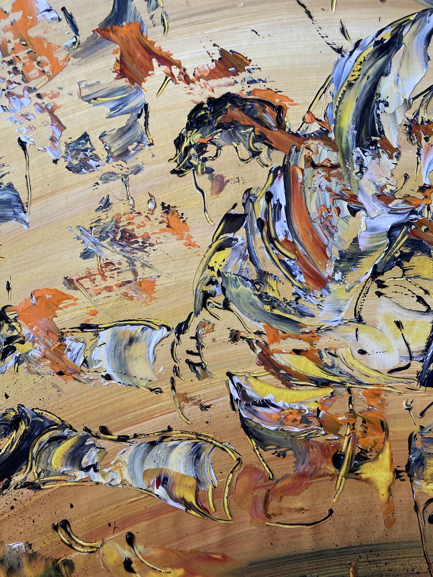 Tableau Scène de rugby, couleur beige marron orange, format 60x60 cm. Original unique. Détail3. Création peintre Virginie Linard ©.