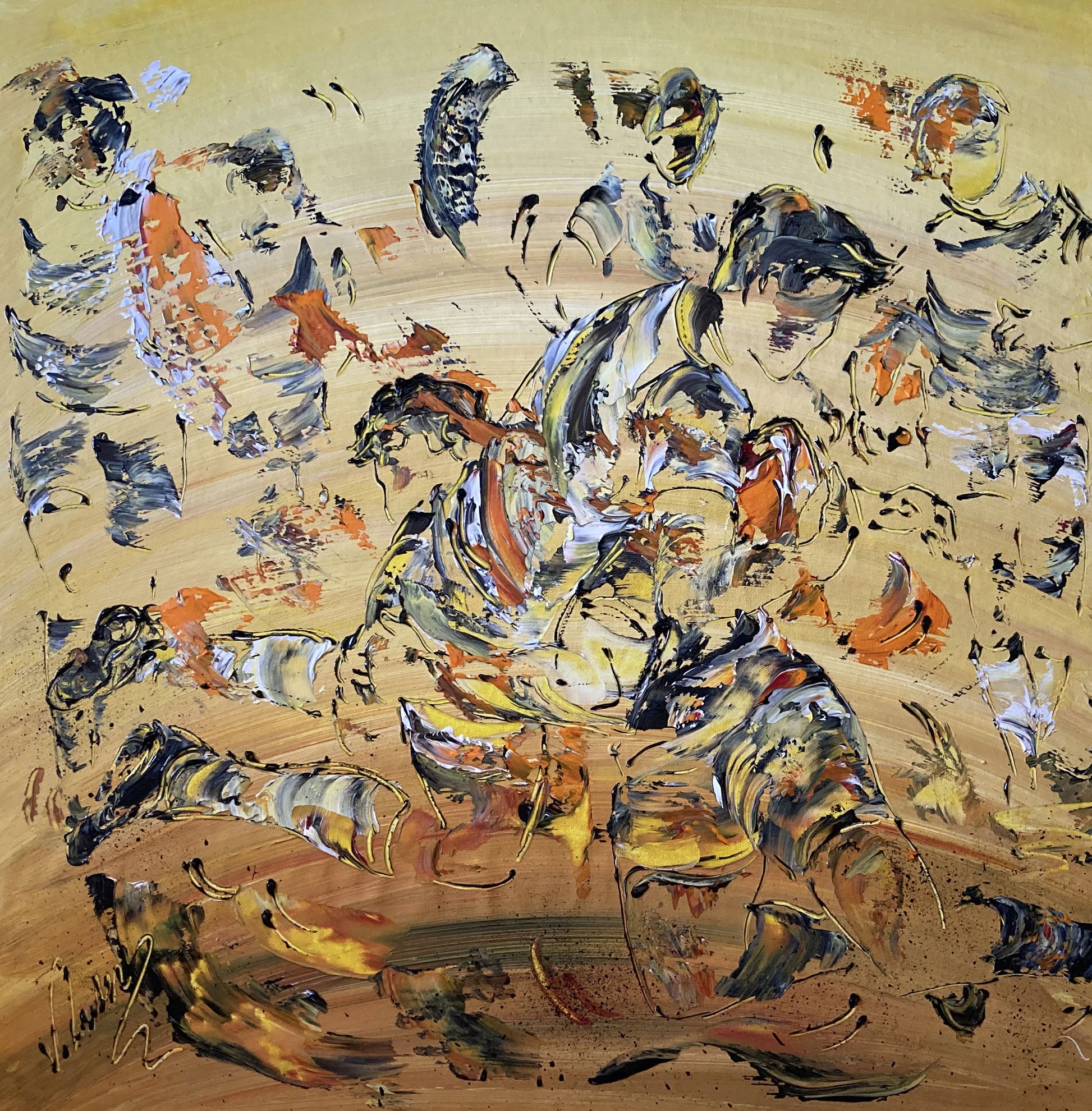 Tableau Scène de rugby, couleur beige marron orange, format 60x60 cm. Original unique. Création peintre Virginie Linard ©.