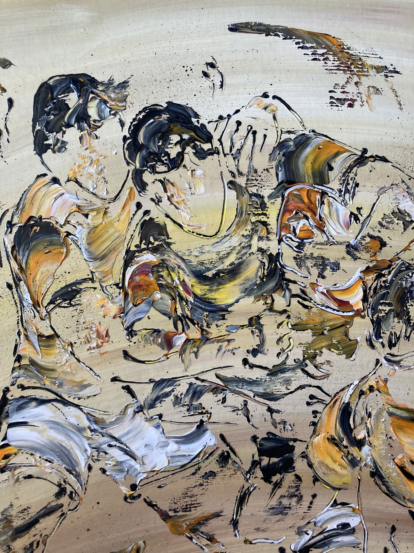 Tableau Scène de rugby, couleur beige marron orange, format 60x60 cm. Original unique. Détail1. Création peintre Virginie Linard ©.