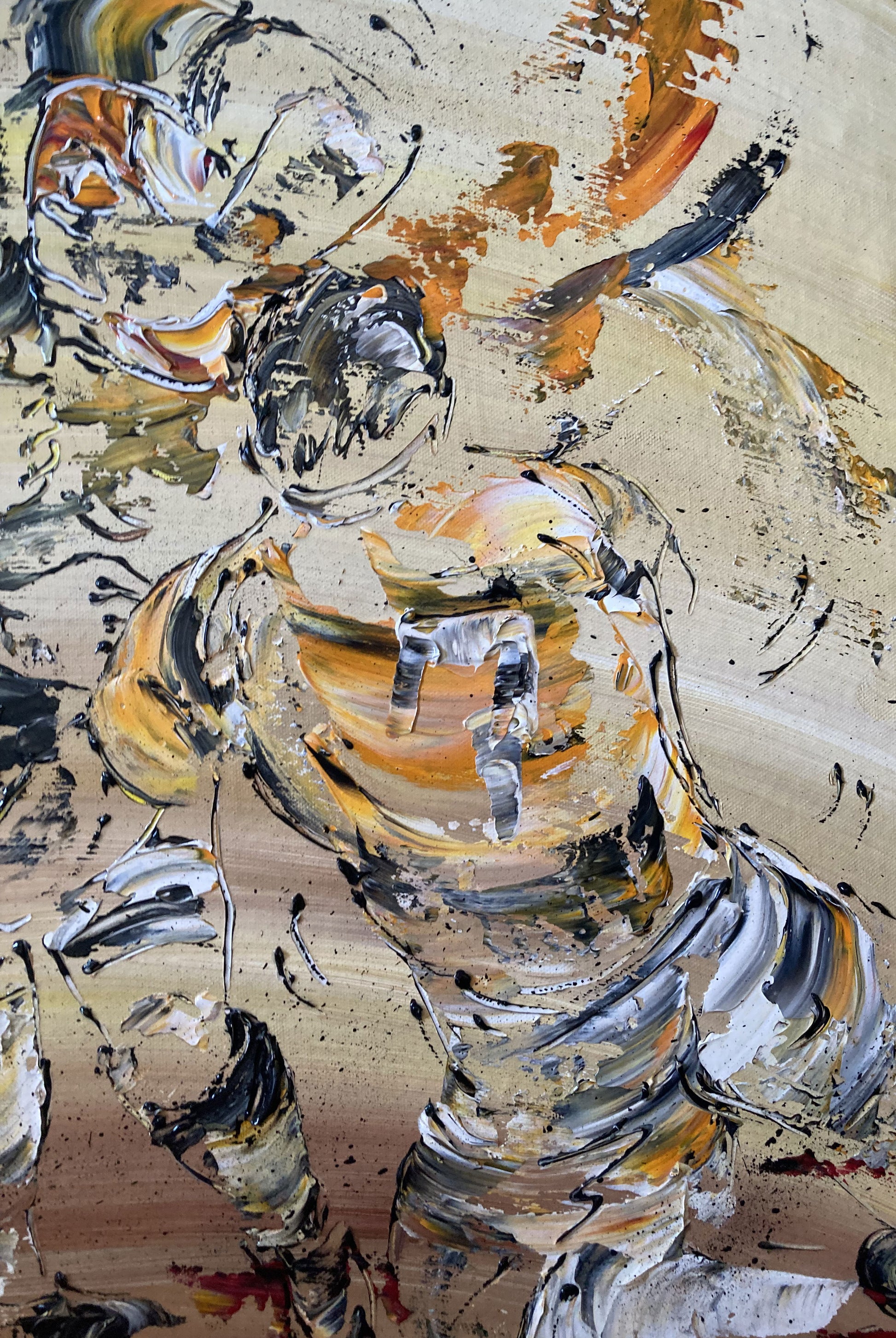 Tableau Scène de rugby, couleur beige marron orange, format 60x60 cm. Original unique. Détail2. Création peintre Virginie Linard ©.