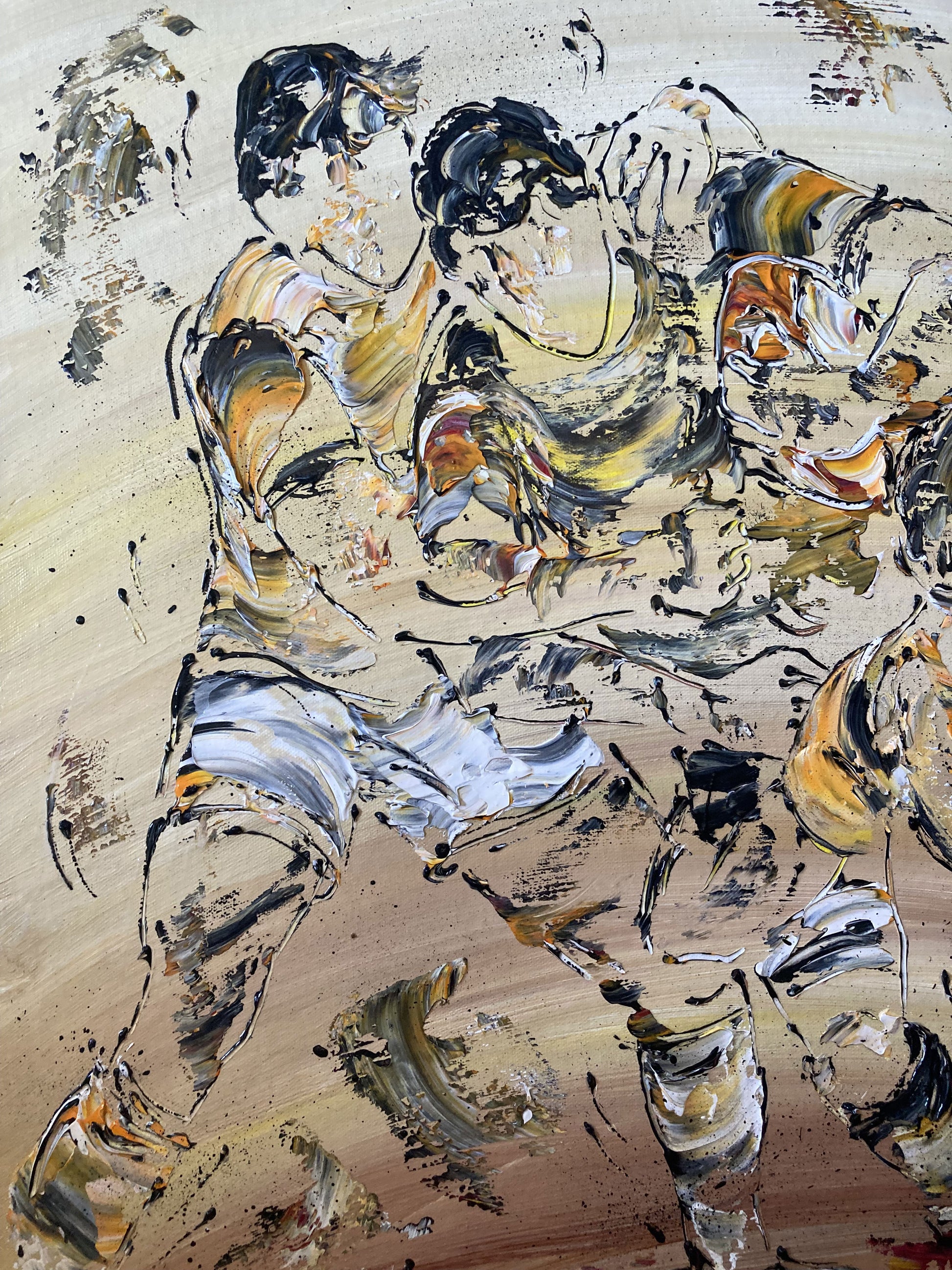 Tableau Scène de rugby, couleur beige marron orange, format 60x60 cm. Original unique. Détail3. Création peintre Virginie Linard ©.