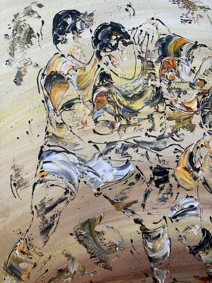 Tableau Scène de rugby, couleur beige marron orange, format 60x60 cm. Original unique. Détail3. Création peintre Virginie Linard ©.