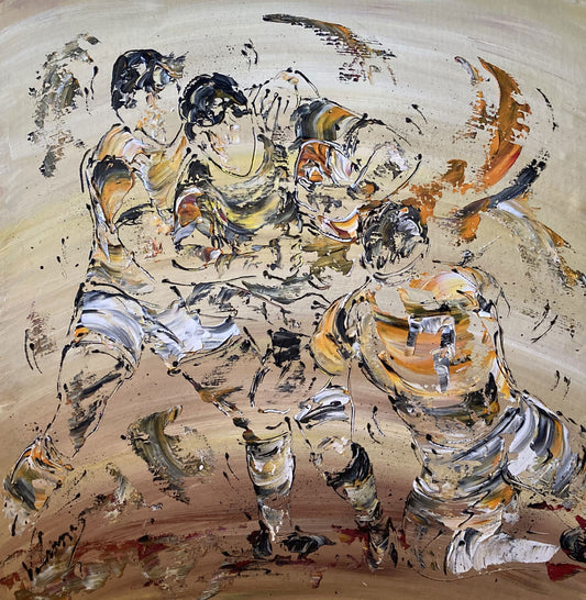 Tableau Scène de rugby, couleur beige marron orange, format 60x60 cm. Original unique. Création peintre Virginie Linard ©.