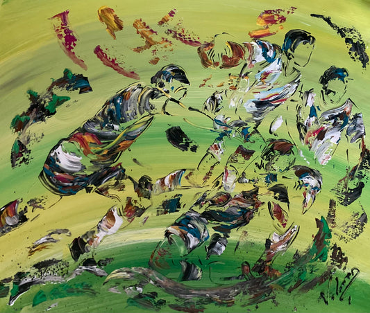 Tableau Scène de rugby, couleur vert jaune, format 55x46cm peintre Virginie Linard ©