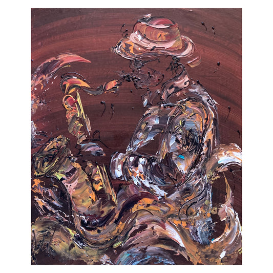Tableau Musicien saxophoniste musique saxophone. Peinture sur toile format 55x46cm. Création Virginie Linard ©.