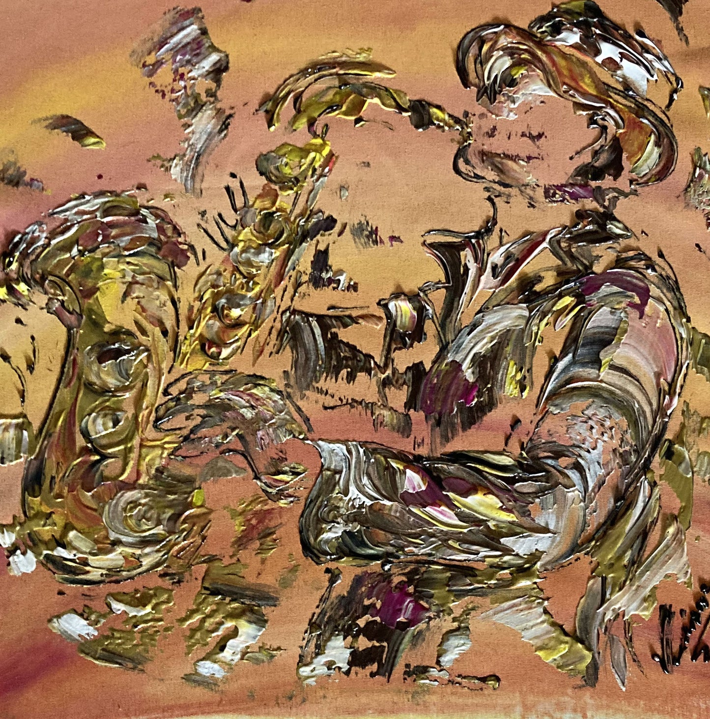 Musicien saxophoniste musique saxophone toile peinture de 40x40 cm Virginie Linard ©