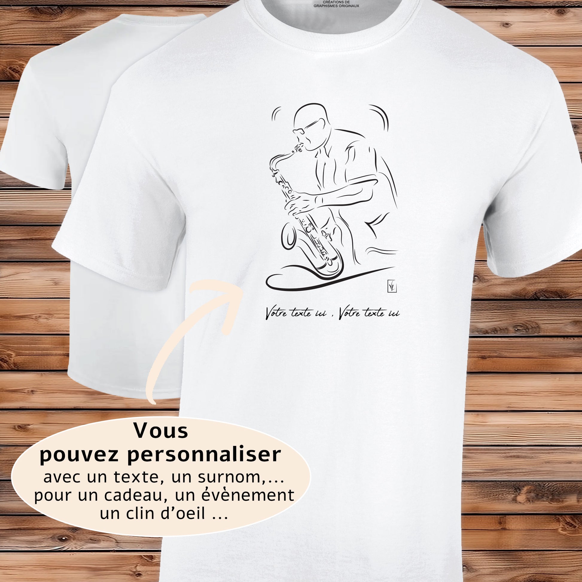 Saxophoniste jazz, graphisme sur t-shirt blanc homme à personnaliser avec du texte. Création Virginie Linard ©.