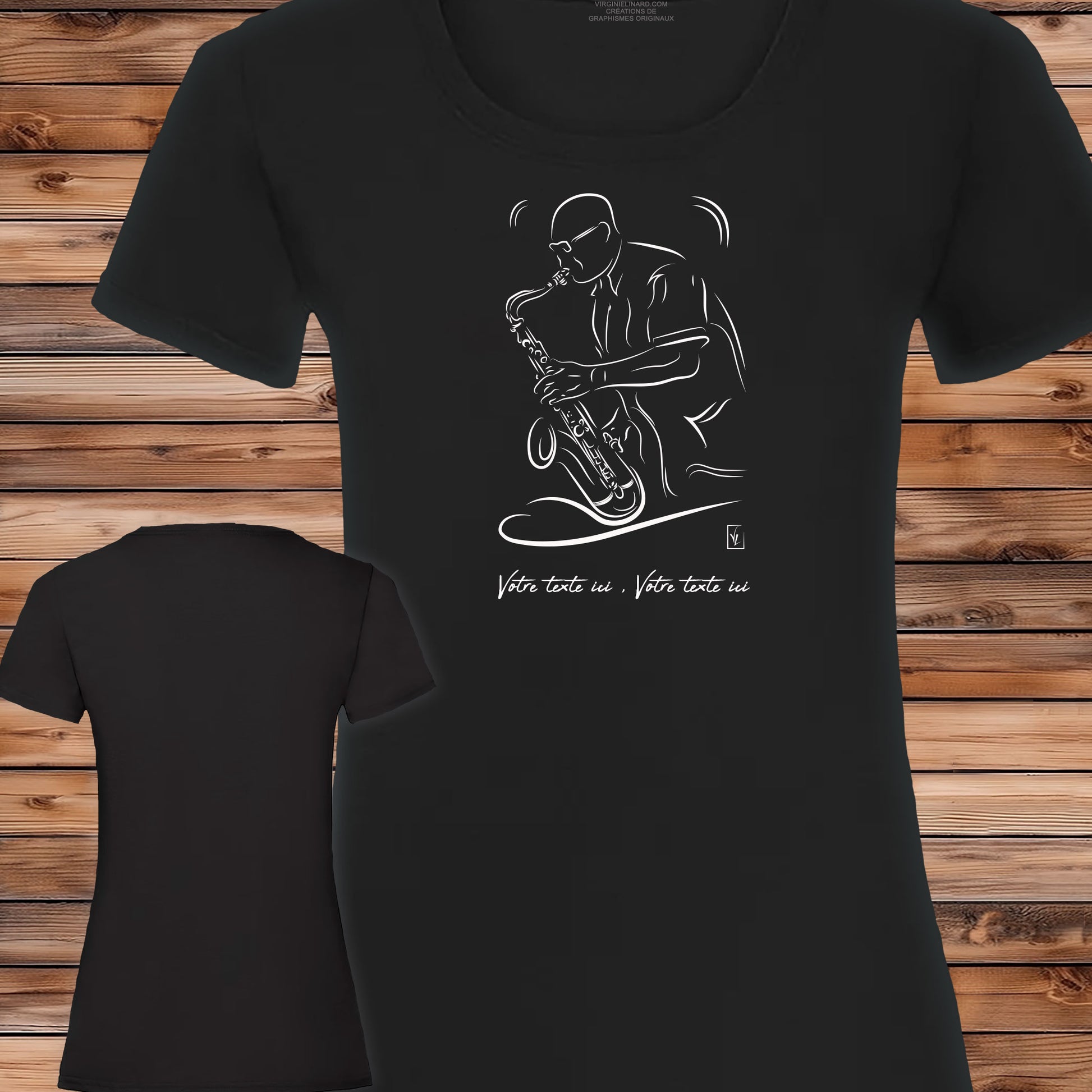 Saxophoniste jazz, graphisme sur t-shirt noir femme à personnaliser avec un texte. Création Virginie Linard ©.