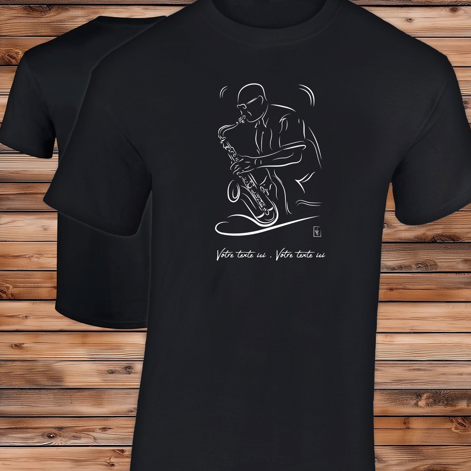 Saxophoniste jazz, graphisme sur t-shirt noir homme à personnaliser avec un texte. Création Virginie Linard ©.
