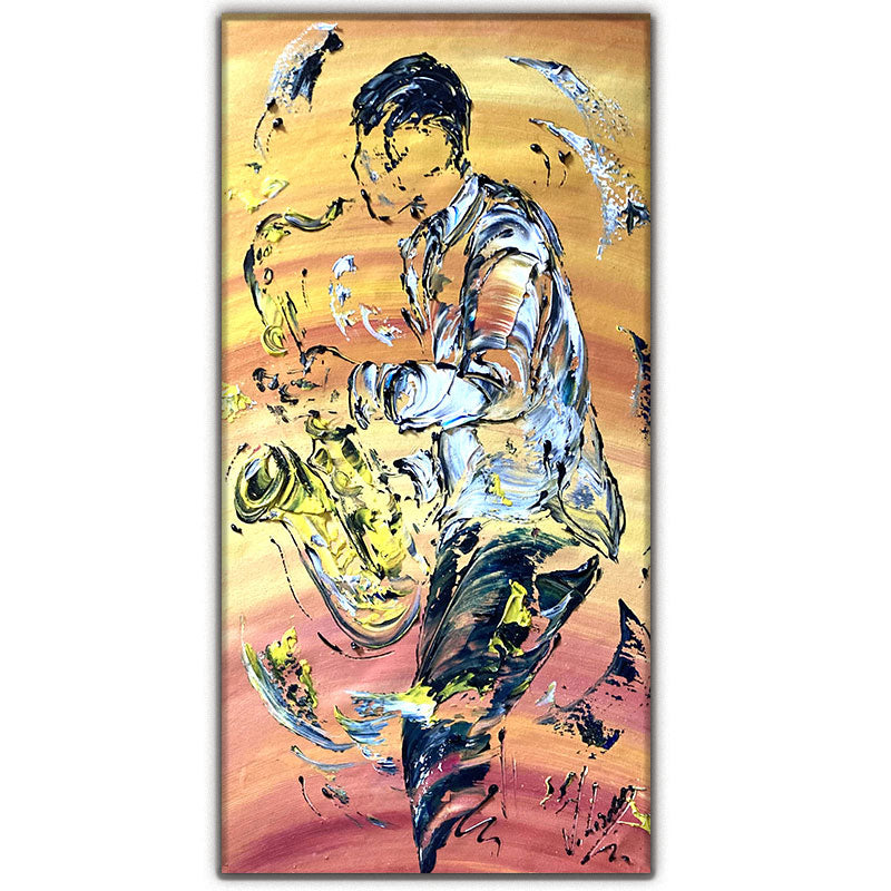 Tableau Saxophoniste peinture sur toile 30x60 detail1 virginie Linard ©