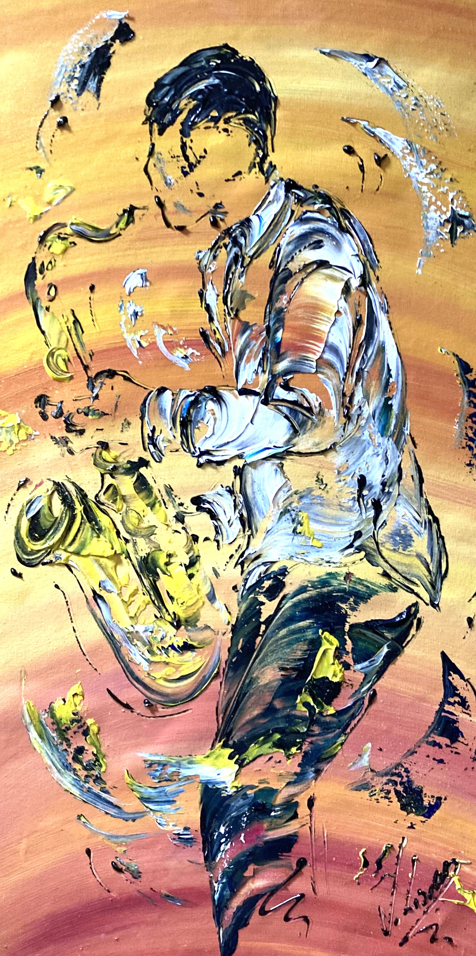Tableau Saxophoniste peinture sur toile 30x60 virginie Linard ©