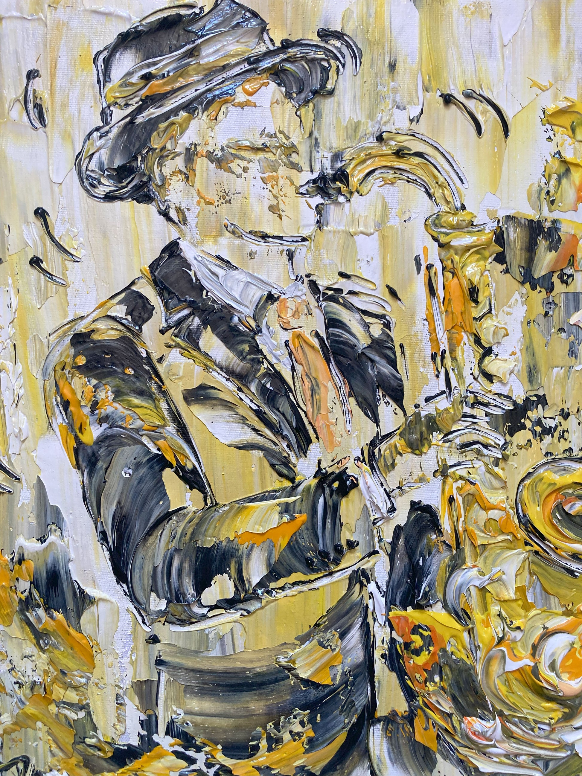 Tableau saxophoniste musique musicien saxophone jazz. Peinture Originale sur toile. Format 40x40cm. Création Virginie Linard ©.
