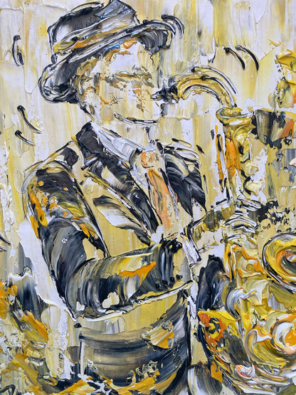 Tableau saxophoniste musique musicien saxophone jazz. Peinture Originale sur toile. Format 40x40cm. Création Virginie Linard ©.